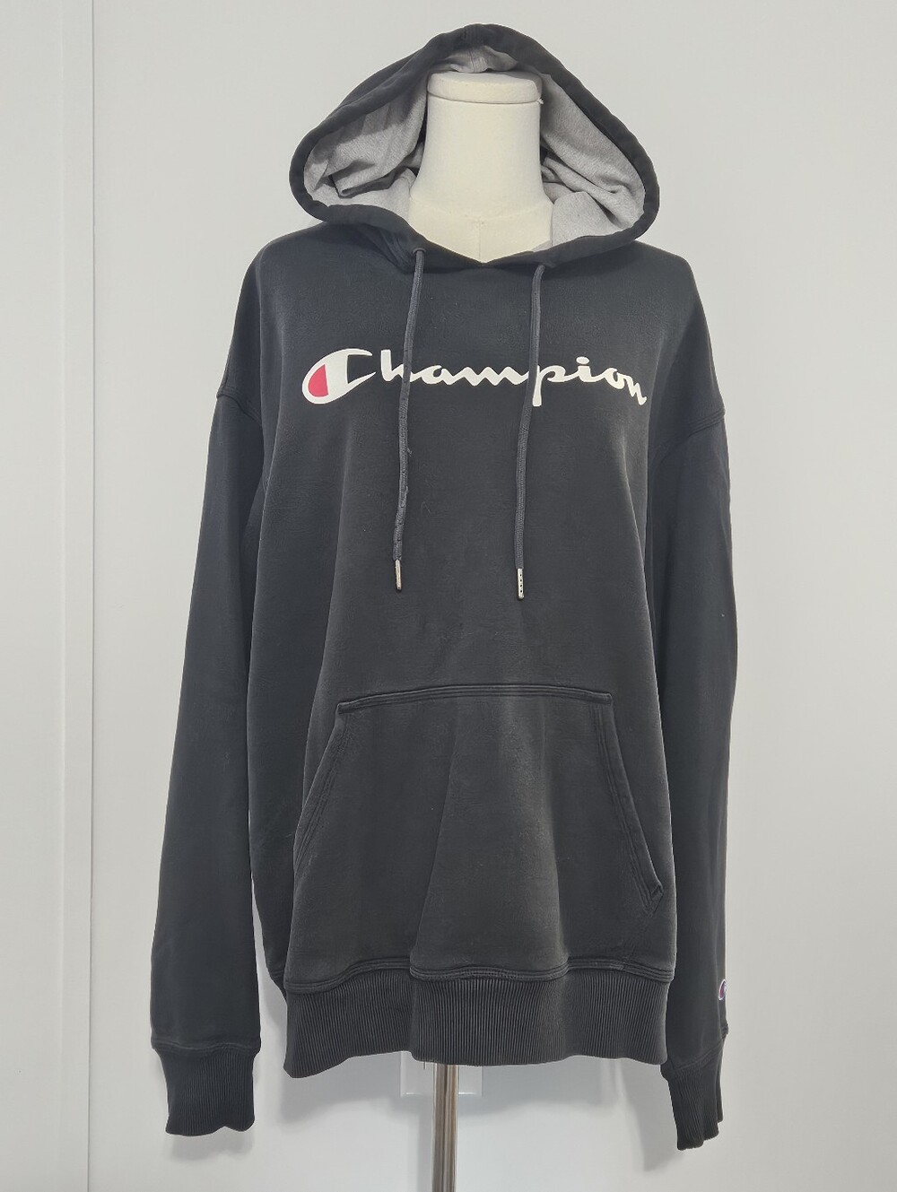 Champion Size L Authentic Athleticwear Black Hoodie Hooded Sweatshirt with White